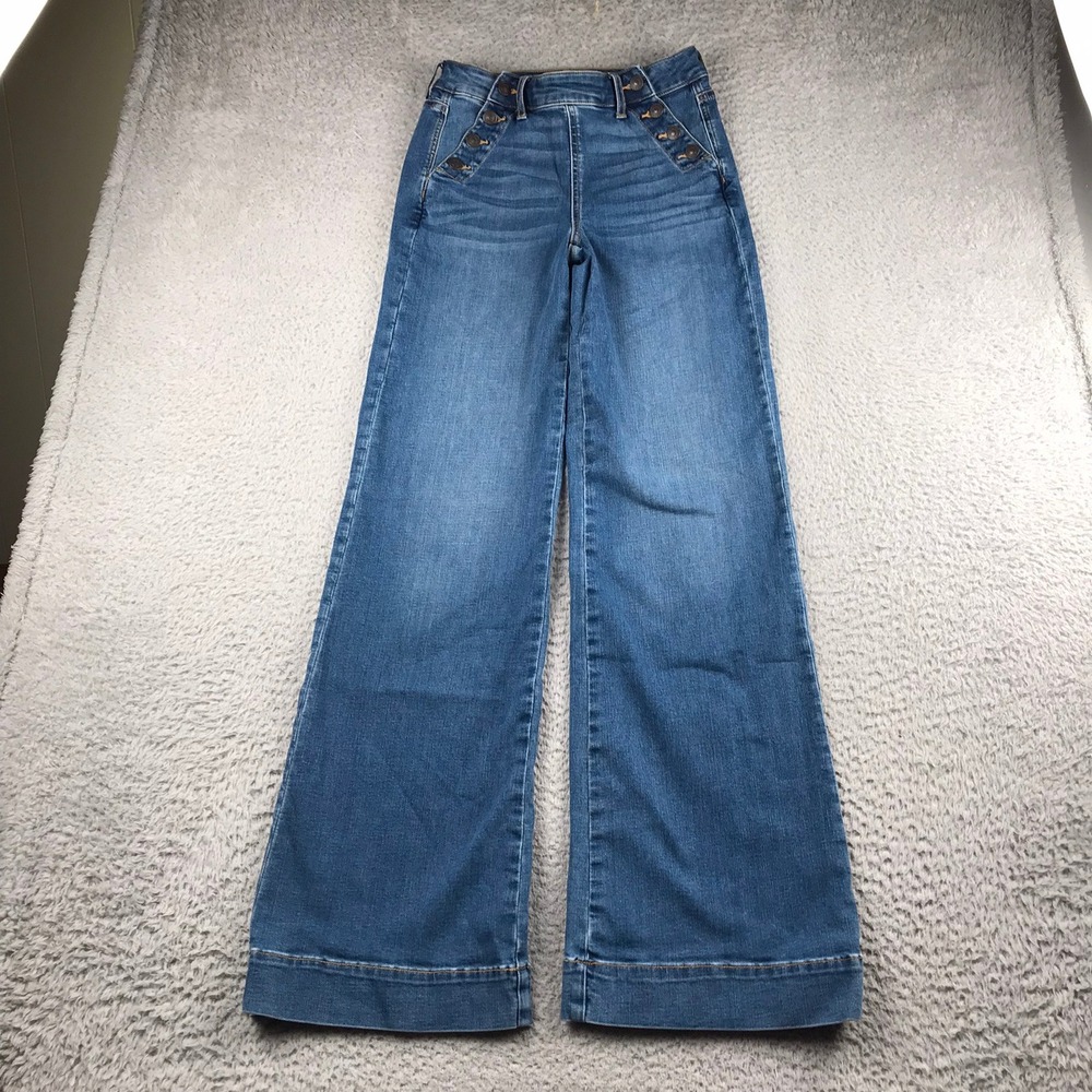 American Eagle Wide Leg Jeans Womens 4 X-Long (27x34) Blue Stretch Sailor Button
